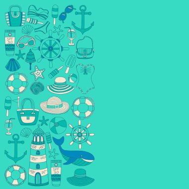 Büyük plaj moda hakkında doodle görüntülerle ayarla ve seyahat