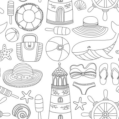 Büyük plaj moda hakkında doodle görüntülerle ayarla ve seyahat