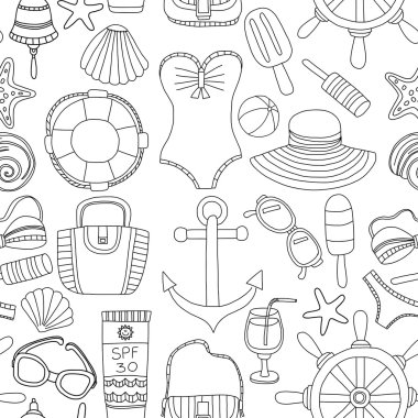 Büyük plaj moda hakkında doodle görüntülerle ayarla ve seyahat