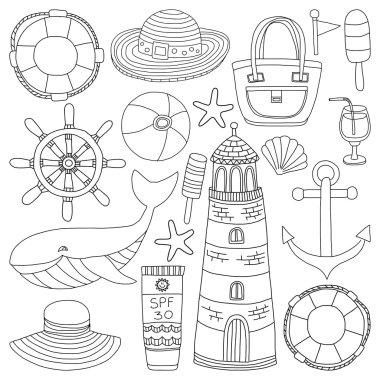 Büyük plaj moda hakkında doodle görüntülerle ayarla ve seyahat
