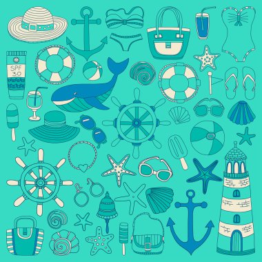 Büyük plaj moda hakkında doodle görüntülerle ayarla ve seyahat