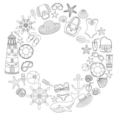 Büyük plaj moda hakkında doodle görüntülerle ayarla ve seyahat