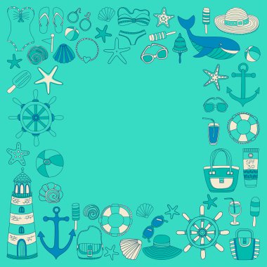 Büyük plaj moda hakkında doodle görüntülerle ayarla ve seyahat