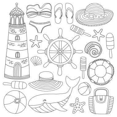 Büyük plaj moda hakkında doodle görüntülerle ayarla ve seyahat