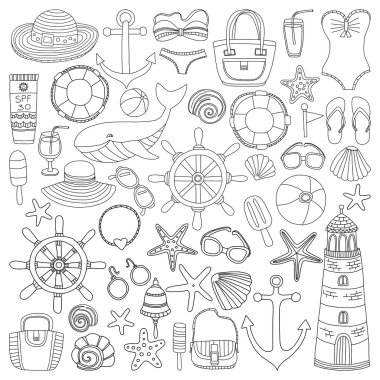 Büyük plaj moda hakkında doodle görüntülerle ayarla ve seyahat