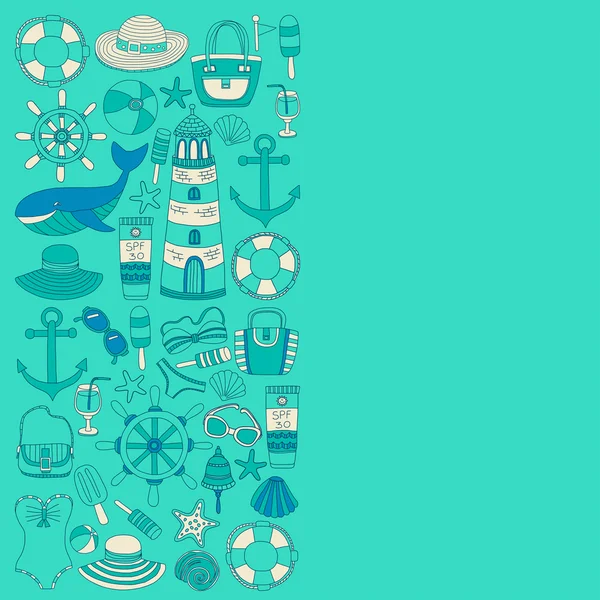 Conjunto grande com imagens doodle sobre praia moda e viagens —  Vetores de Stock