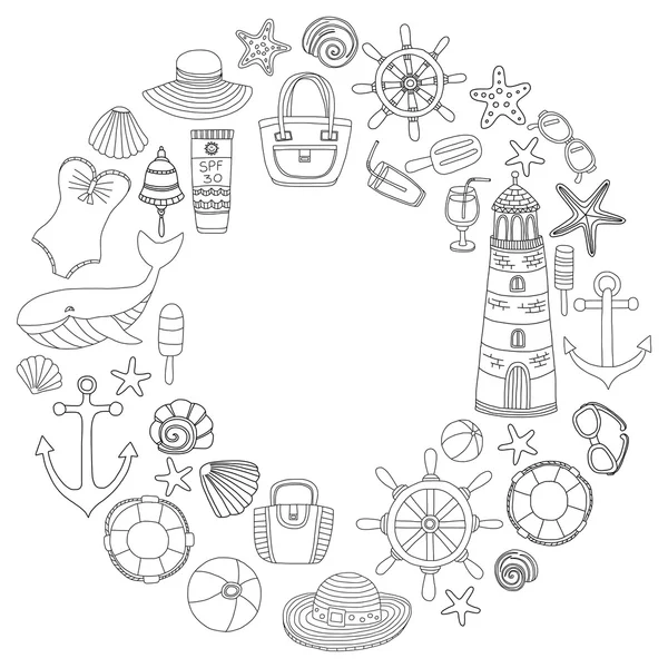 Büyük plaj moda hakkında doodle görüntülerle ayarla ve seyahat