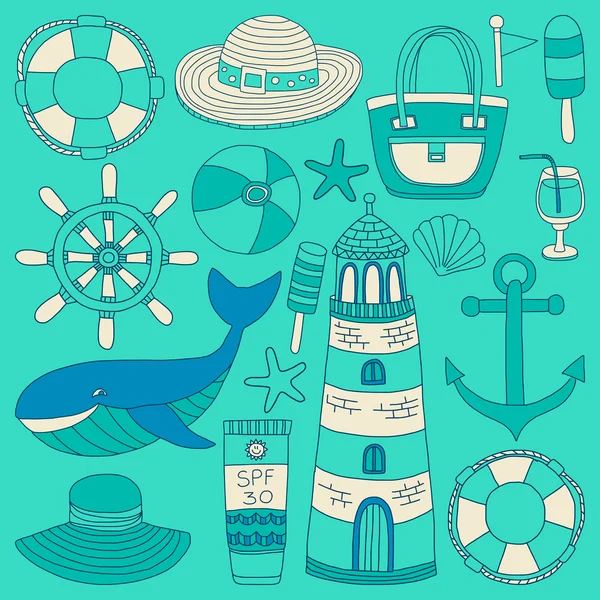 Büyük plaj moda hakkında doodle görüntülerle ayarla ve seyahat