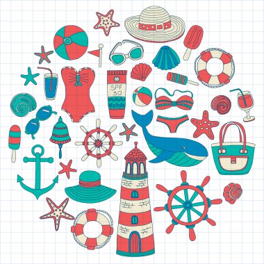 Büyük plaj moda hakkında doodle görüntülerle ayarla ve seyahat