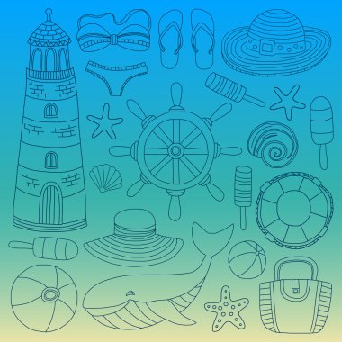 Büyük plaj moda hakkında doodle görüntülerle ayarla ve seyahat