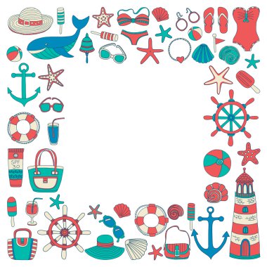 Büyük plaj moda hakkında doodle görüntülerle ayarla ve seyahat