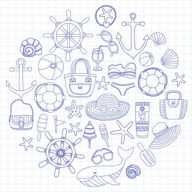 Büyük plaj moda hakkında doodle görüntülerle ayarla ve seyahat