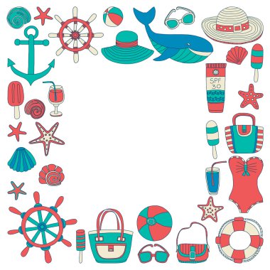 Büyük plaj moda hakkında doodle görüntülerle ayarla ve seyahat