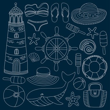 Büyük plaj moda hakkında doodle görüntülerle ayarla ve seyahat