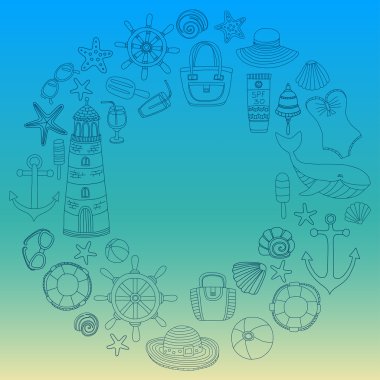 Büyük plaj moda hakkında doodle görüntülerle ayarla ve seyahat