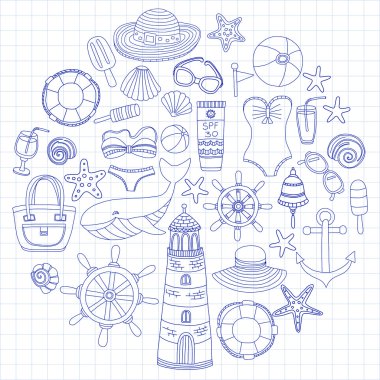 Büyük plaj moda hakkında doodle görüntülerle ayarla ve seyahat