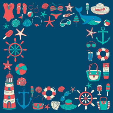 Büyük plaj moda hakkında doodle görüntülerle ayarla ve seyahat