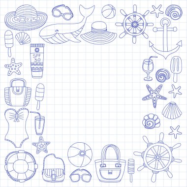 Büyük plaj moda hakkında doodle görüntülerle ayarla ve seyahat