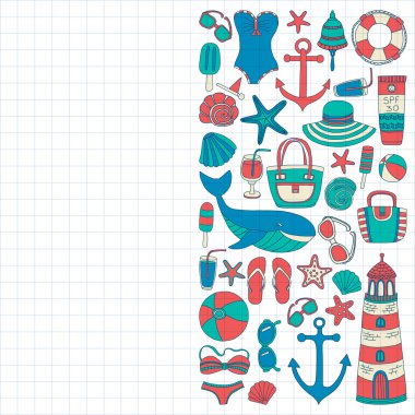 Büyük plaj moda hakkında doodle görüntülerle ayarla ve seyahat