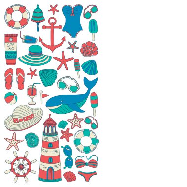 Büyük plaj moda hakkında doodle görüntülerle ayarla ve seyahat