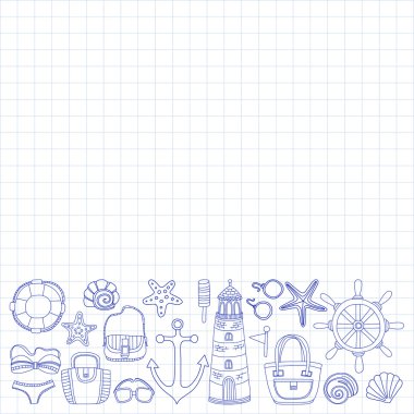 Büyük plaj moda hakkında doodle görüntülerle ayarla ve seyahat