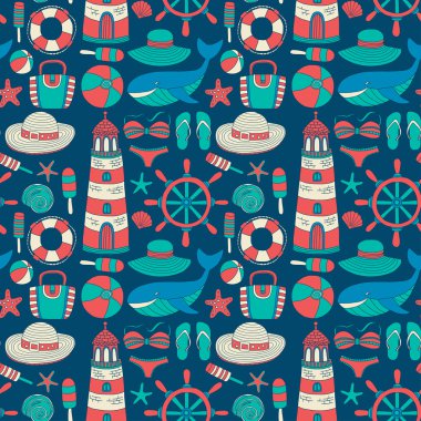 Büyük plaj moda hakkında doodle görüntülerle ayarla ve seyahat