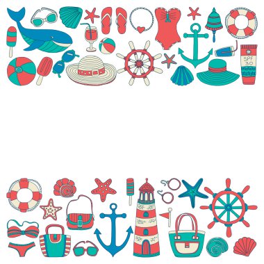 Büyük plaj moda hakkında doodle görüntülerle ayarla ve seyahat