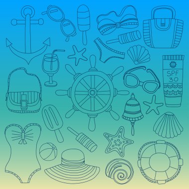 Büyük plaj moda hakkında doodle görüntülerle ayarla ve seyahat