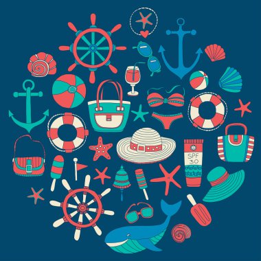 Büyük plaj moda hakkında doodle görüntülerle ayarla ve seyahat