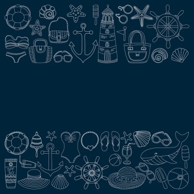 Büyük plaj moda hakkında doodle görüntülerle ayarla ve seyahat