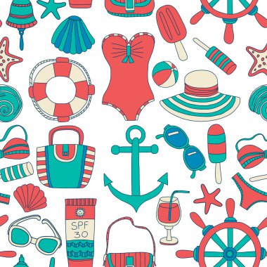 Büyük plaj moda hakkında doodle görüntülerle ayarla ve seyahat