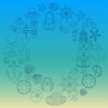 Büyük plaj moda hakkında doodle görüntülerle ayarla ve seyahat