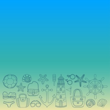 Büyük plaj moda hakkında doodle görüntülerle ayarla ve seyahat