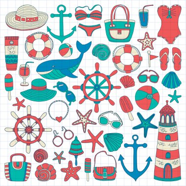 Büyük plaj moda hakkında doodle görüntülerle ayarla ve seyahat