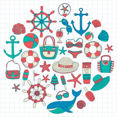 Büyük plaj moda hakkında doodle görüntülerle ayarla ve seyahat