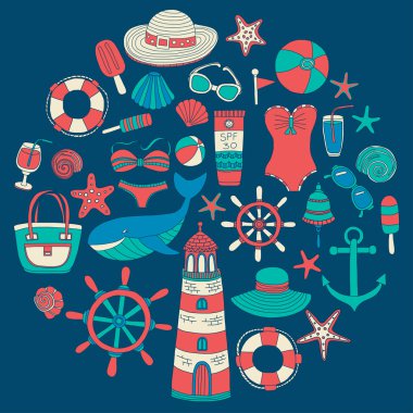 Büyük plaj moda hakkında doodle görüntülerle ayarla ve seyahat