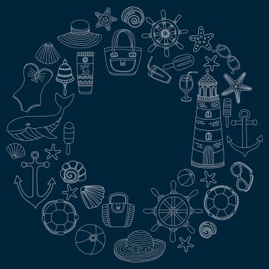 Büyük plaj moda hakkında doodle görüntülerle ayarla ve seyahat