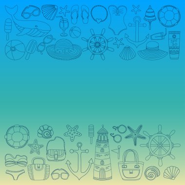 Büyük plaj moda hakkında doodle görüntülerle ayarla ve seyahat