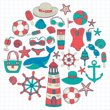 Büyük plaj moda hakkında doodle görüntülerle ayarla ve seyahat