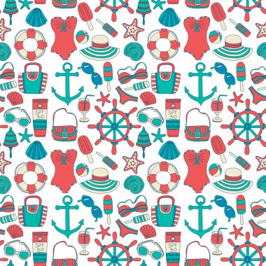 Büyük plaj moda hakkında doodle görüntülerle ayarla ve seyahat