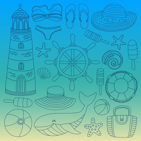 Conjunto grande con imágenes de garabatos sobre moda de playa y viajes — Vector de stock