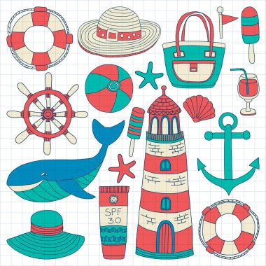 Büyük plaj moda hakkında doodle görüntülerle ayarla ve seyahat