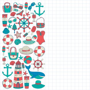 Büyük plaj moda hakkında doodle görüntülerle ayarla ve seyahat