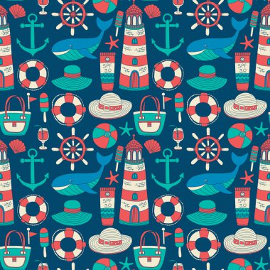Büyük plaj moda hakkında doodle görüntülerle ayarla ve seyahat