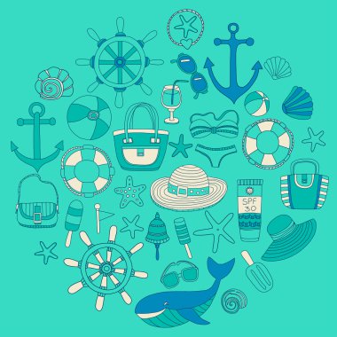 Büyük plaj moda hakkında doodle görüntülerle ayarla ve seyahat