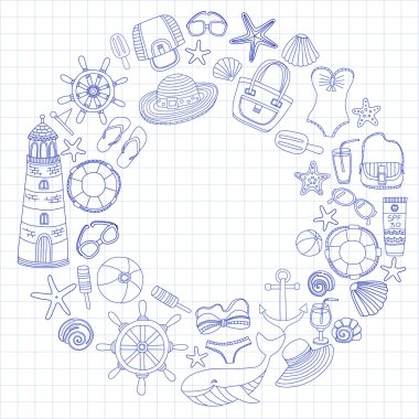 Büyük plaj moda hakkında doodle görüntülerle ayarla ve seyahat