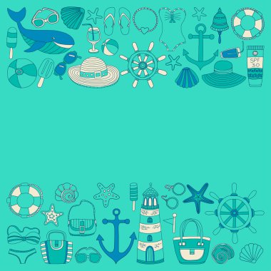 Büyük plaj moda hakkında doodle görüntülerle ayarla ve seyahat