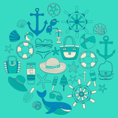 Büyük plaj moda hakkında doodle görüntülerle ayarla ve seyahat