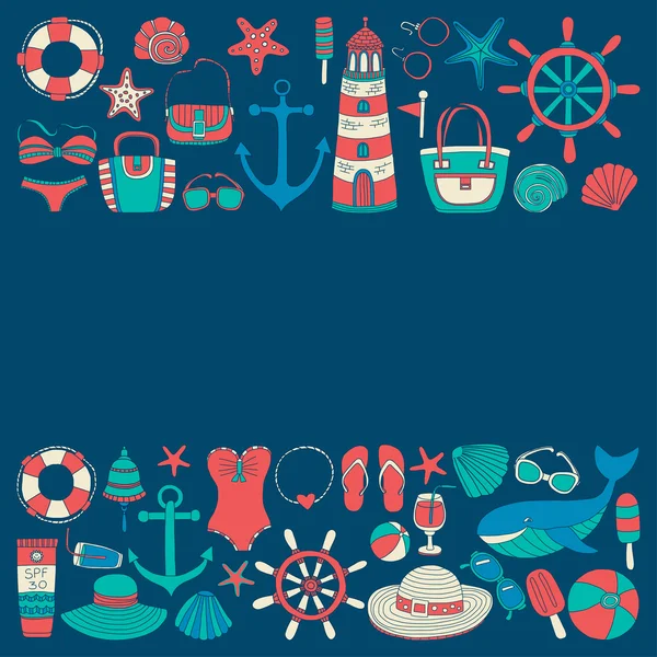 Big set with doodle images about beach fashion and travel Vector Graphics