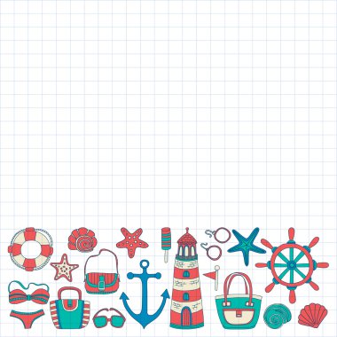 Büyük plaj moda hakkında doodle görüntülerle ayarla ve seyahat